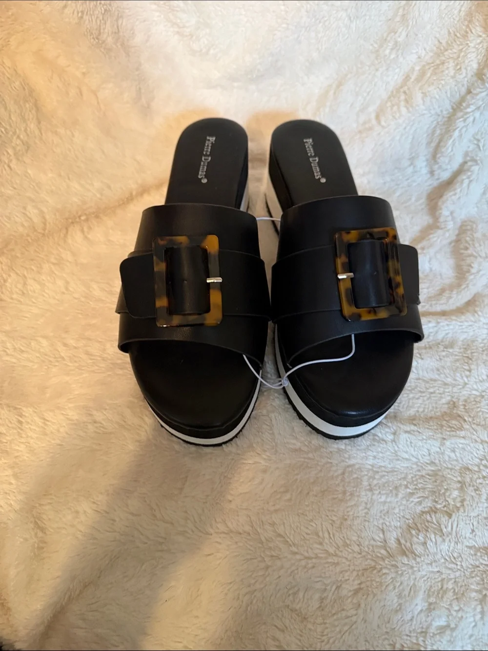 Pierre Dumas Womens Black Platform Slide Sandals Tortoiseshell Buckle Size 10‎